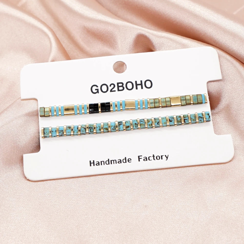 Go2BoHo Elegant Women's 2-Piece Summer Fashion for Bracelet Set Gold Turquoise Miyuki Tila Beads Elegant Bracelets for Beach