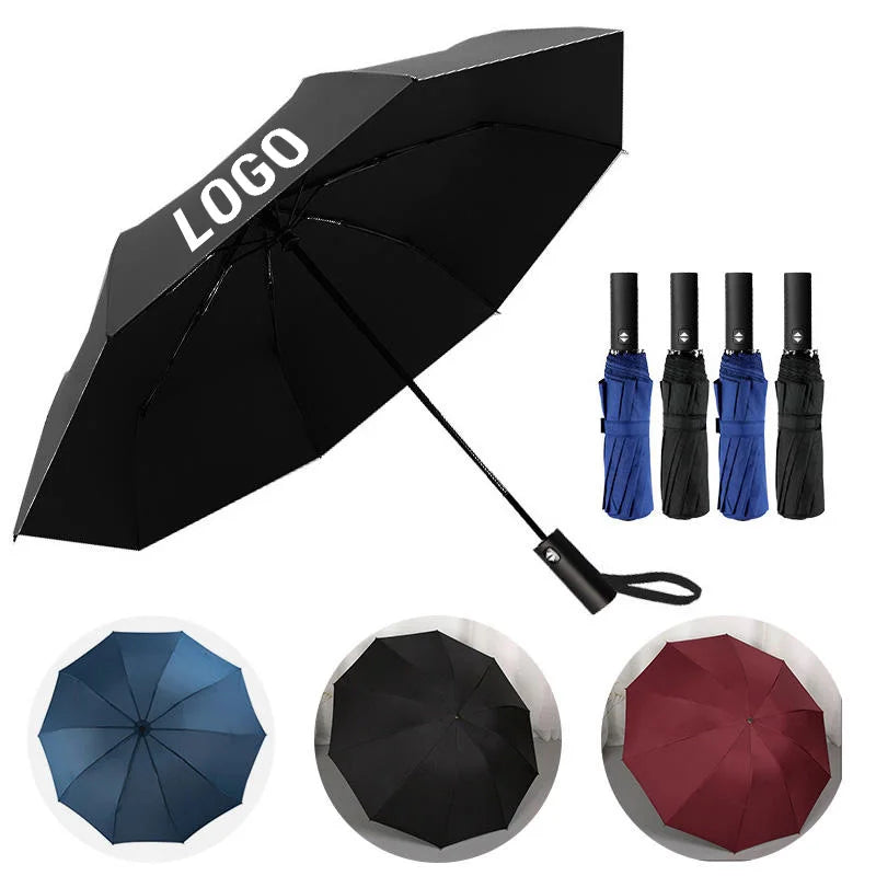 Custom Logo 10-Bone Three-Folding Fully-Automatic Large 116cm Travel Umbrella-Windproof UV Protection Automatic Folding Umbrella