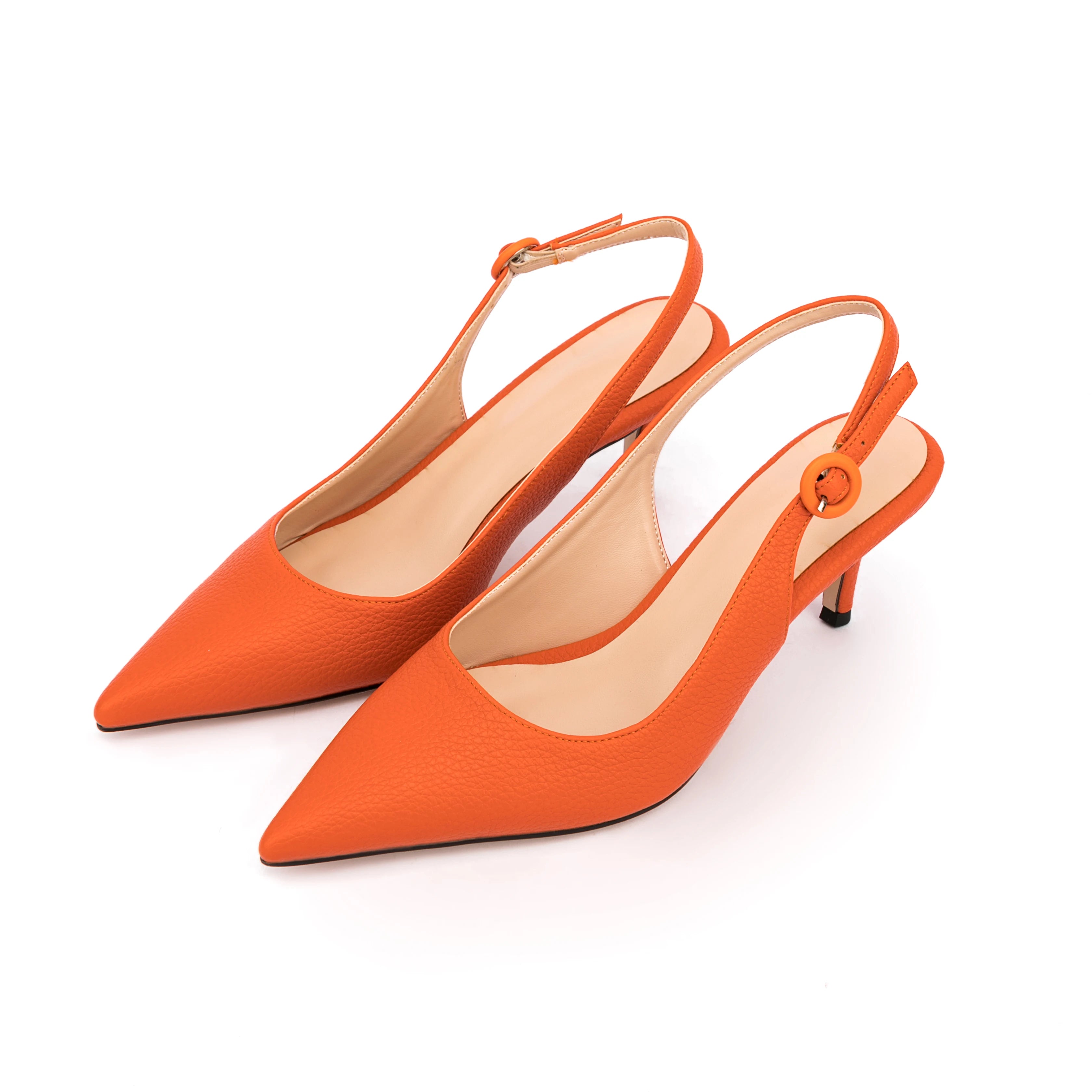 Simple High-heeled Shallow Mouth Pointed Toe Lychee Pattern Soft PU Back Empty Sandals Fashion Orange Women's Slingbacks