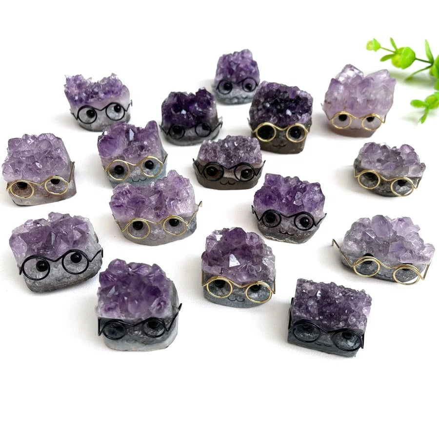 Wholesale Natural Amethyst Crystal Craft Amethyst Cluster Carvings With Glasses for Gift