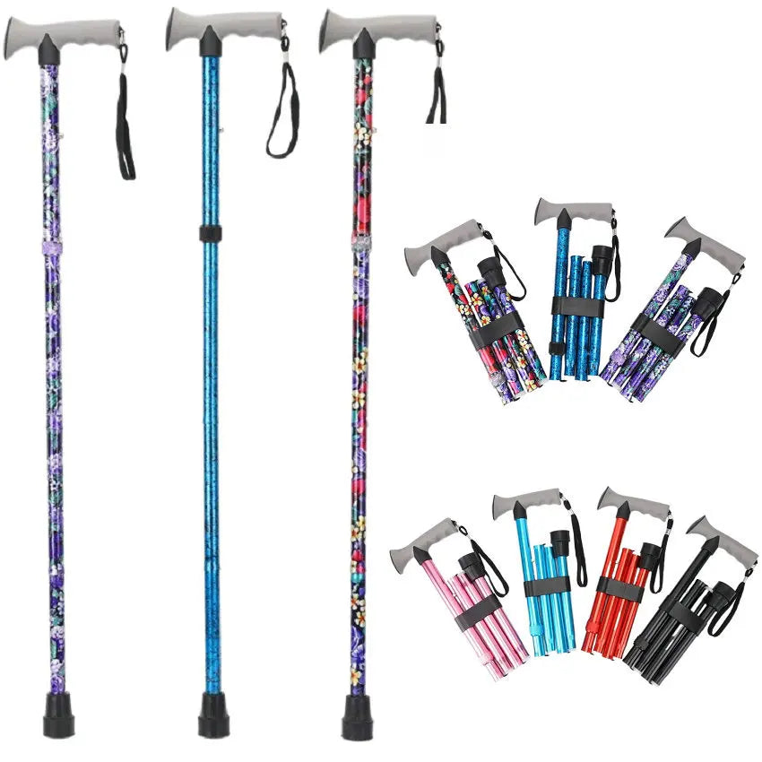 AMPMOUTDOOR Heavy Duty Foldable T-Handle 4-Joint Walking Stick for Seniors & Adults Iron Pivot Tip Collapsible Mobility Aid