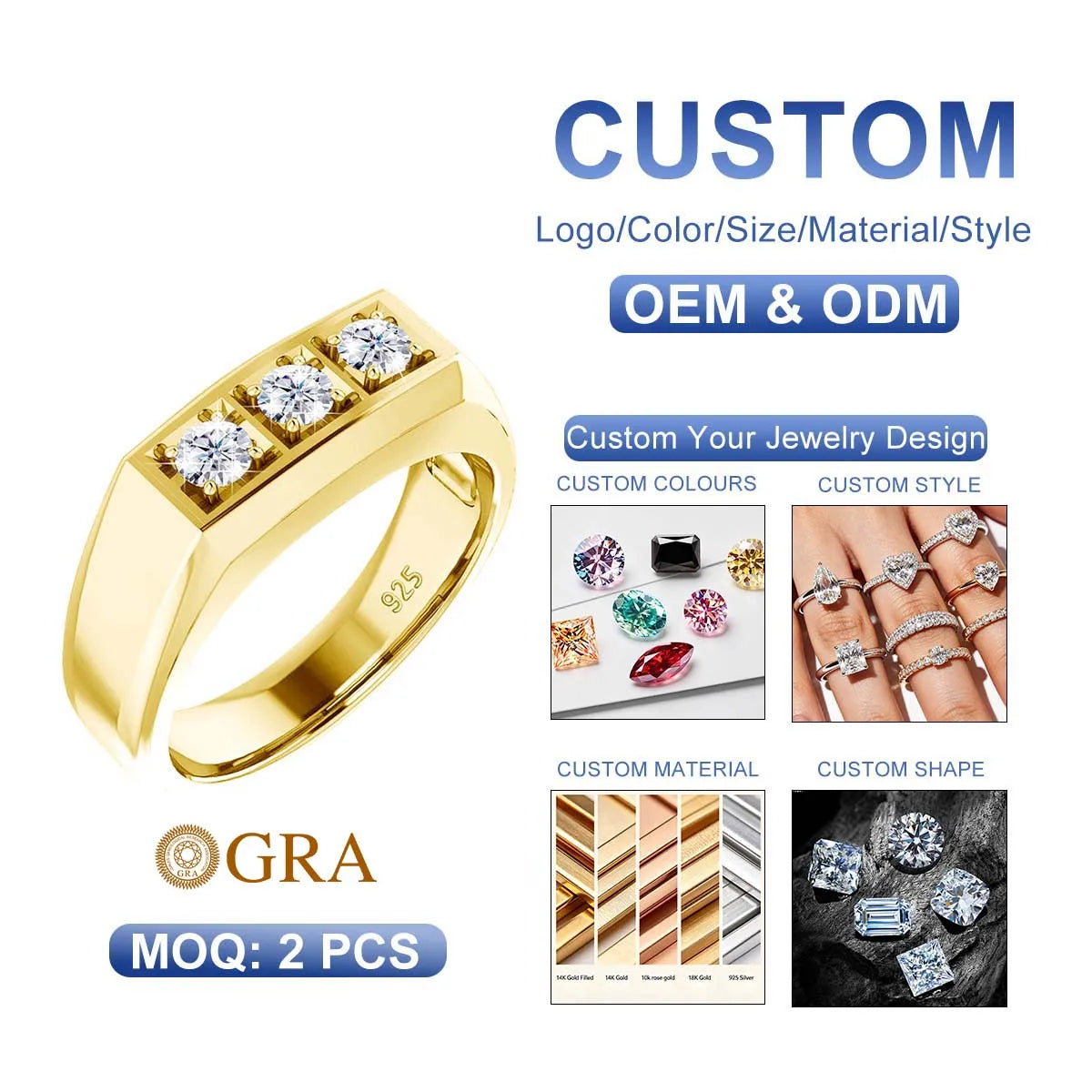 High Quality 925 Sterling Silver Jewelry Engagement Business Party Gifts 3 Stone 0.3ct Diamond Moissanite Ring Men