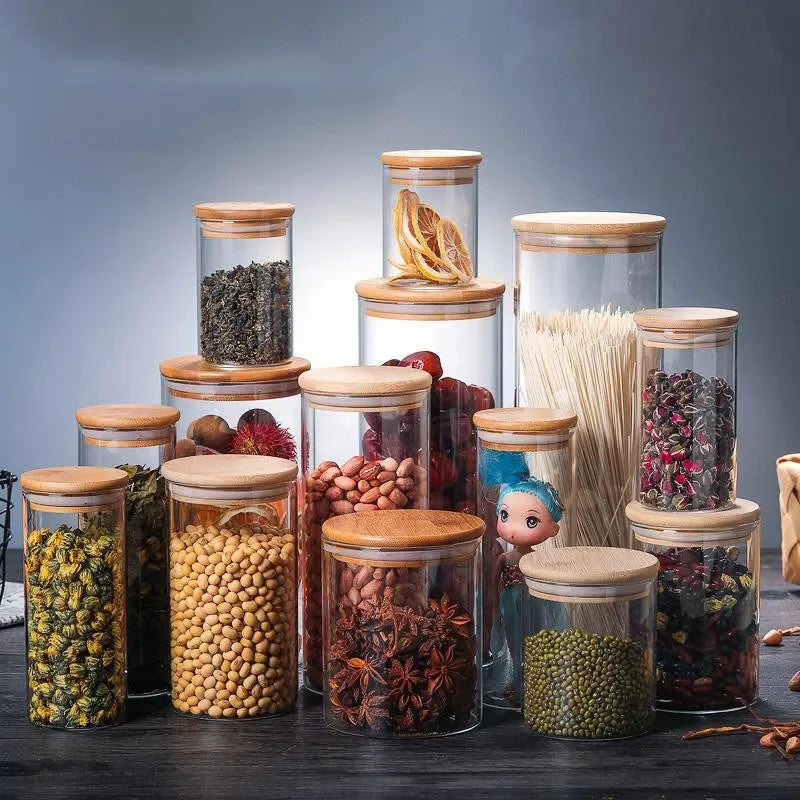 Eco-Friendly Borosilicate Glass Jar with Bamboo Lid Round Kitchen Food Storage & Container