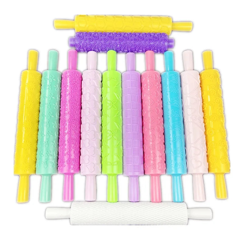 Colourful Cake Decorating Embossed Rolling Pins Textured Non-Stick Designs and Patterned Plastic Fondant Embossed Rolling Pin