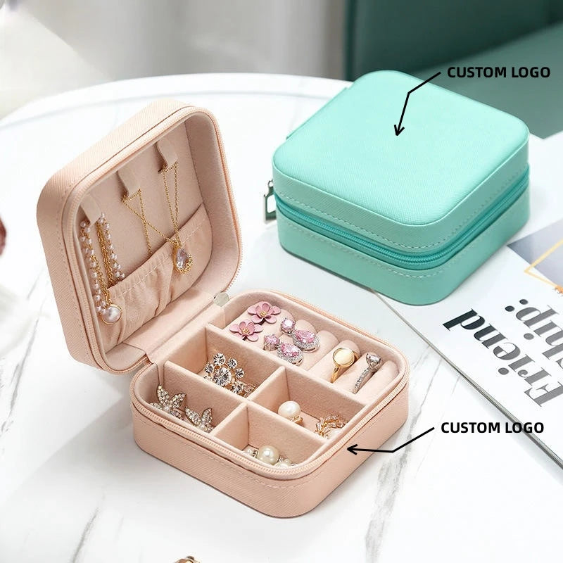 Custom Logo Luxury Mini Travel Jewelry Case PU Leather Square Organizer with Necklace and Earring Box for Jewellery Storage