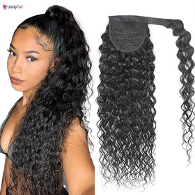 100% Brazilian Human Hair Drawstring Ponytail for Black Women Wrap Around Clip in Ponytail Water Wave Human Hair Extension