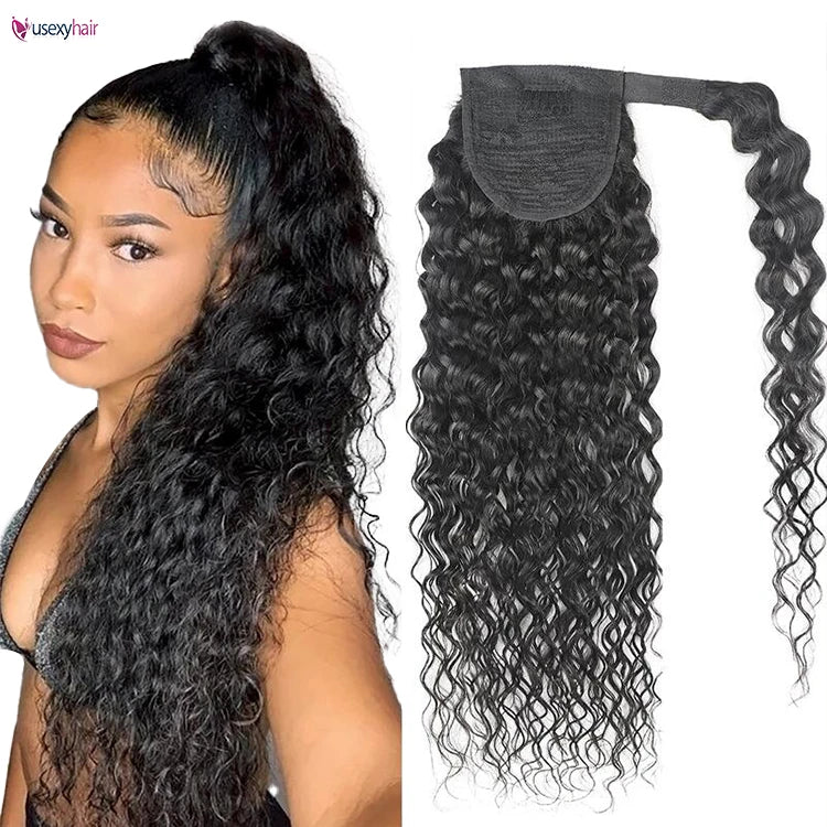 100% Brazilian Human Hair Drawstring Ponytail for Black Women Wrap Around Clip in Ponytail Water Wave Human Hair Extension