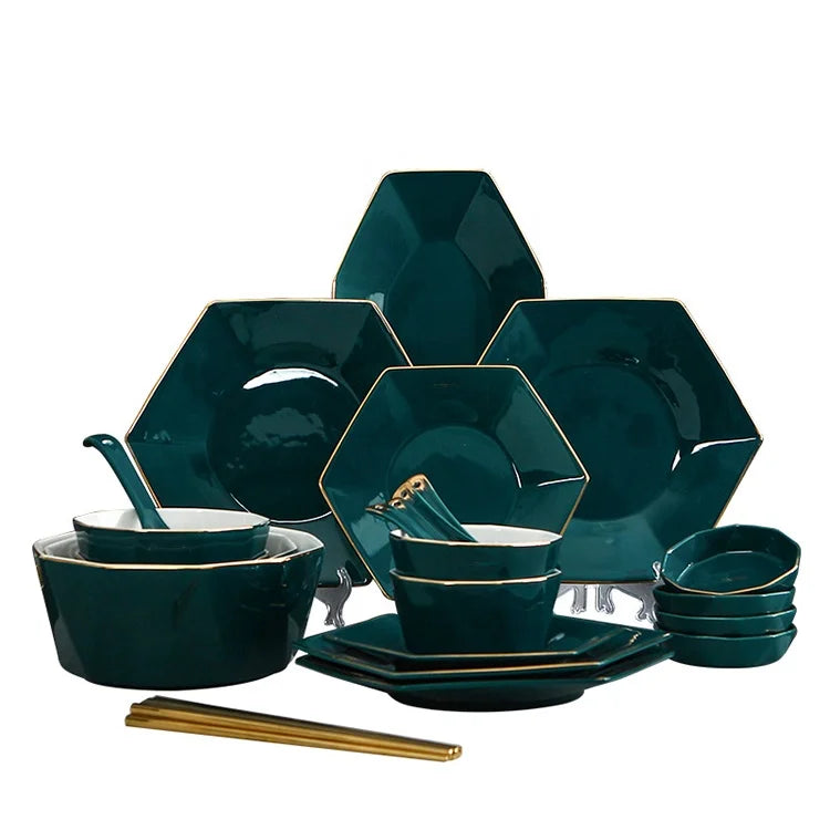 Custom Green Glaze Hexagonal Dinner Plate Set Ceramic Handmade Ceramic Tableware Porcelain Dinnerware Sets