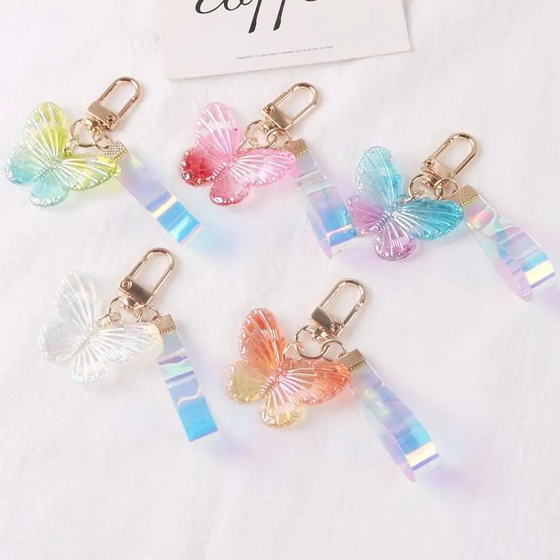 Insects Car Key Women Wristband Cartoon Butterfly Key Chains Bag Pendant Fashion Colorful Acrylic Crystal Butterfly Keychain