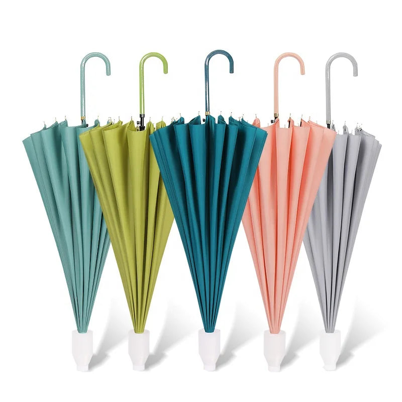 New Arrival Luxury Solid Color Leather Handle Parasol Reinforce 16 Rids Rain Umbrellas With Plastic Sleeve Waterproof Cover
