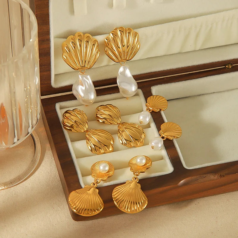 YF3800 Stainless Steel Waterproof Jewelry 18k Gold Plated Shell Pearl Hypoallergenic Earrings Women