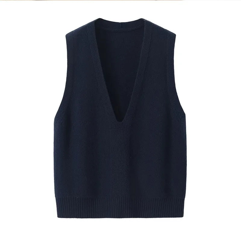 Custom Luxury Knitted Women Sleeveless Pullover Knitwear V Neck Plus Size Vest 100% Pure Cashmere Sweater