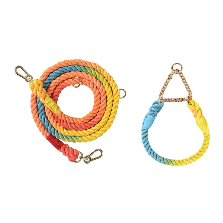 Colorful Cotton Rope Solid Pattern Eco-Friendly Anti Burst Dog Walking Leashes and Collar