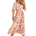 Summer Fashion Casual Long Dress v Neck Puff Short Sleeve Floral Loose Maxi Elegant Dress