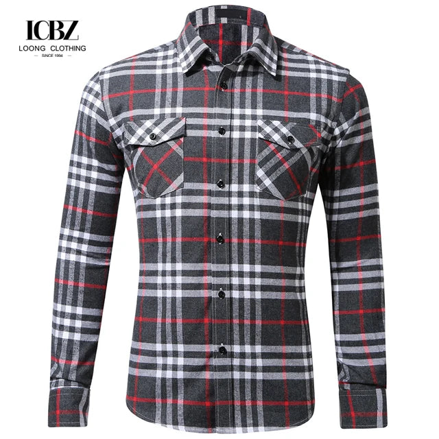 European and American Size Hot Sale Cotton Flannelette Plaid Jacket Double Pocket Cover Long Sleeve Shirt Man