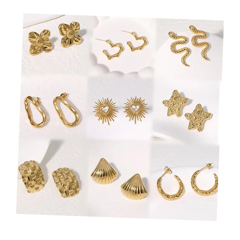 Retro Style Flower Star Gold Plated Stainless Steel Earrings Heart Geometric Design Hoop Waterproof Earrings for Women Jewelry
