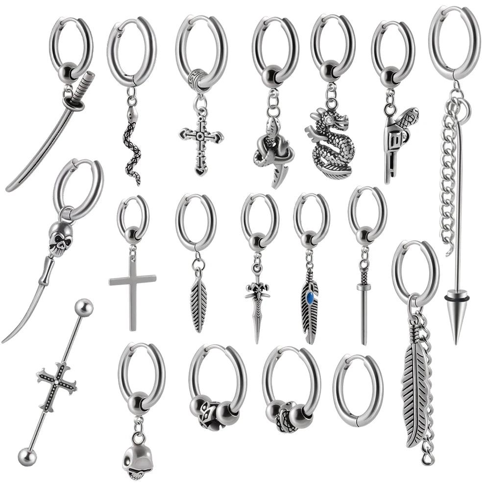 Punk Style Stainless Steel Ear Clip Dangle Earrings Wholesale Surgical Steel Ear Piercing Hoop Cross Snack Jewelry for Men Women