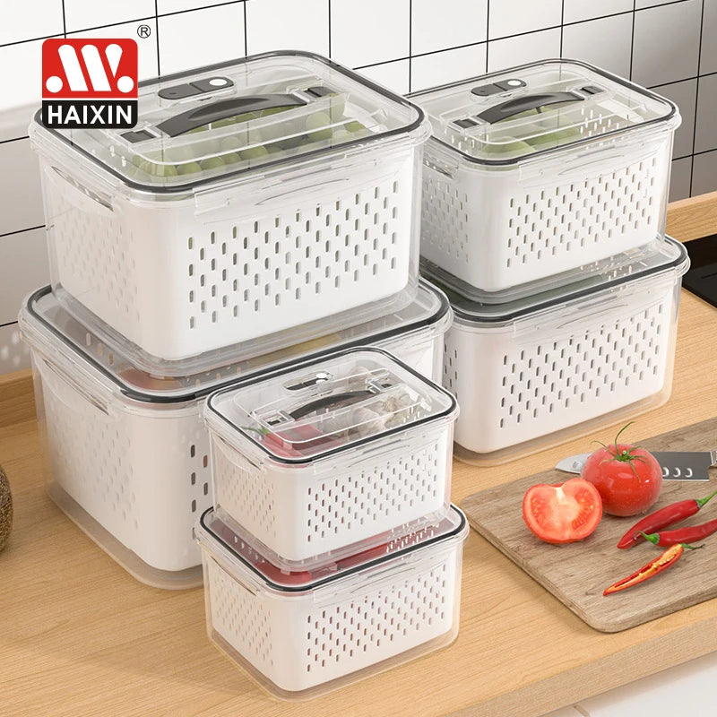 Plastic Rectangle Airtight Partitionable Food Storage Box Vegetable Fruit Drainer Basket Food Container Set with air Vent Lid