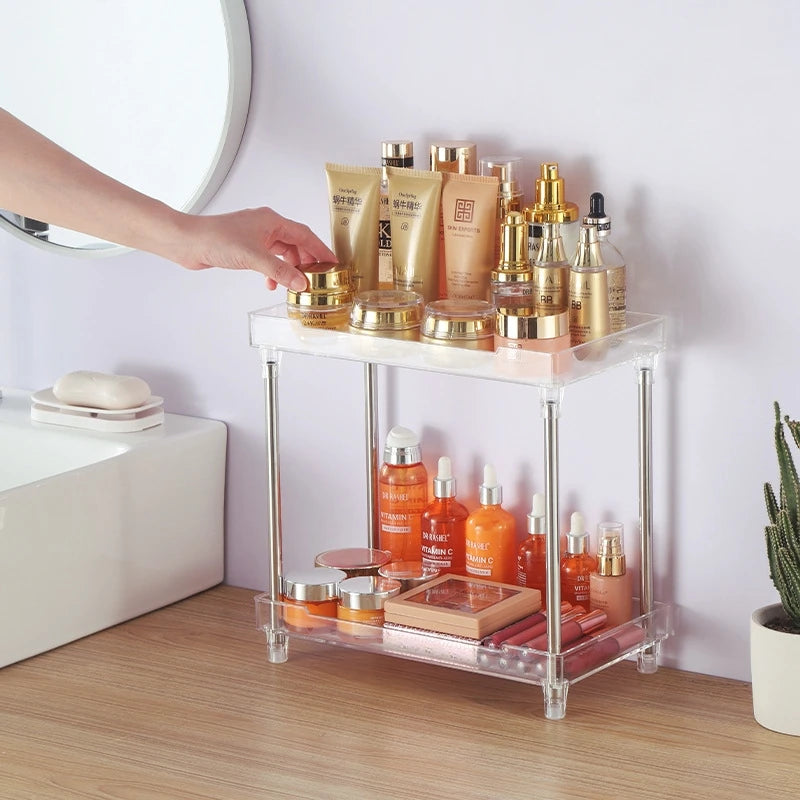 Storage Rack Clear Plastic Makeup  Storage Shelf for Vanity and Spice Bottles 2 Tier Bathroom Storage Organizer