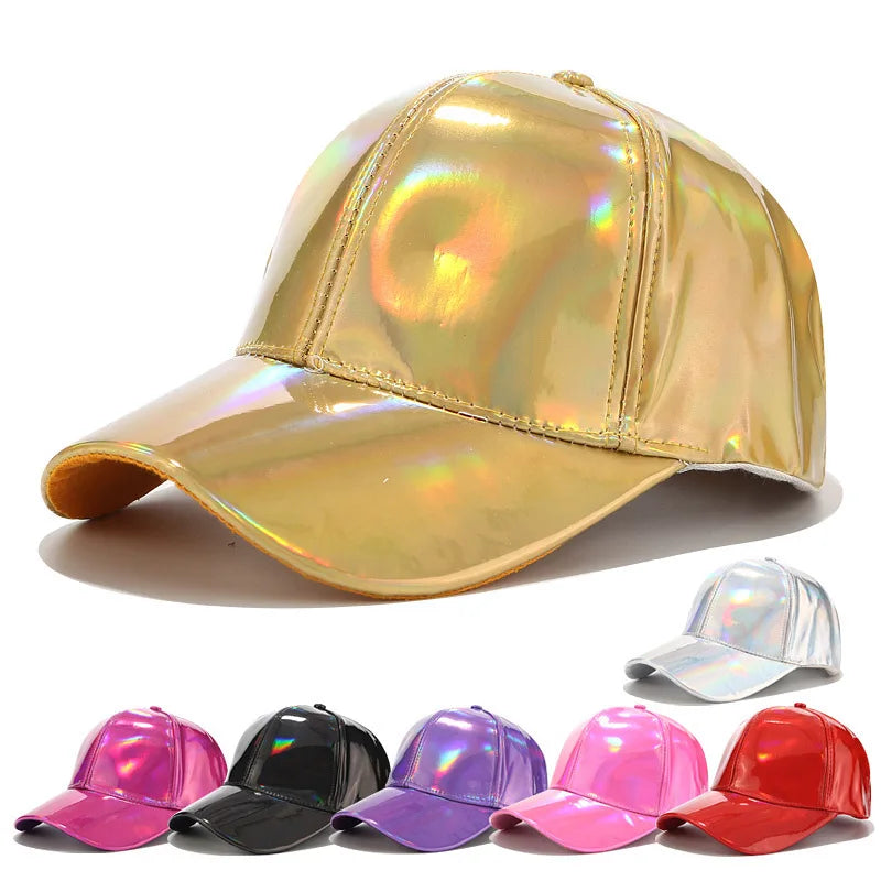 Hip Hop Bright PU Leather Solid Color Laser Style Unisex Adjustable Street Dance Baseball Cap Hat Fashion Hats for Men & Women