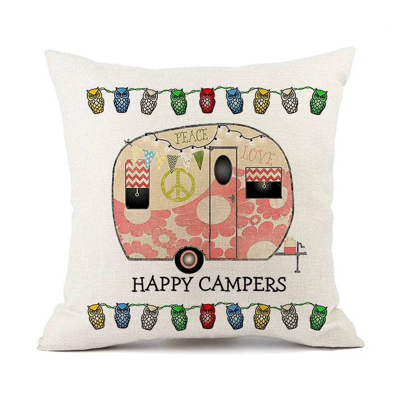 Cartoon Happy Camper Caravan Dining Car Series 45*45 Campers Linen Pillowcase/