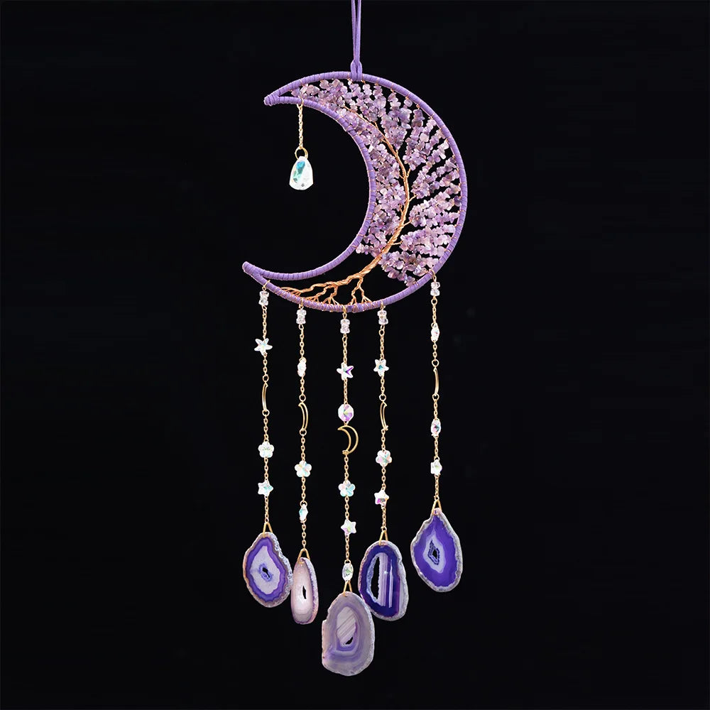 Handmade Tree of Life Amethyst Moon Suncatcher Agate Slice Natural Healing Crystal Dreamcatcher for Bedroom Garden