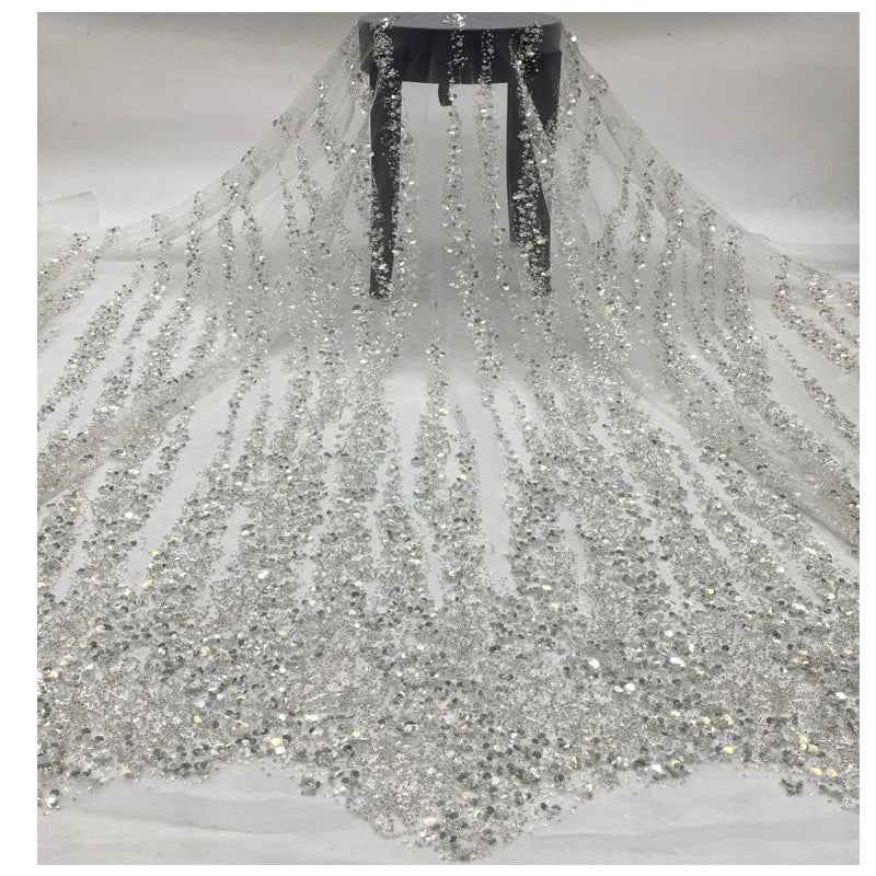 White Embroidery Lace Fabric 100% Polyester Lace Rhinestones Pearls Sequin Beads Lace for Wedding Dress