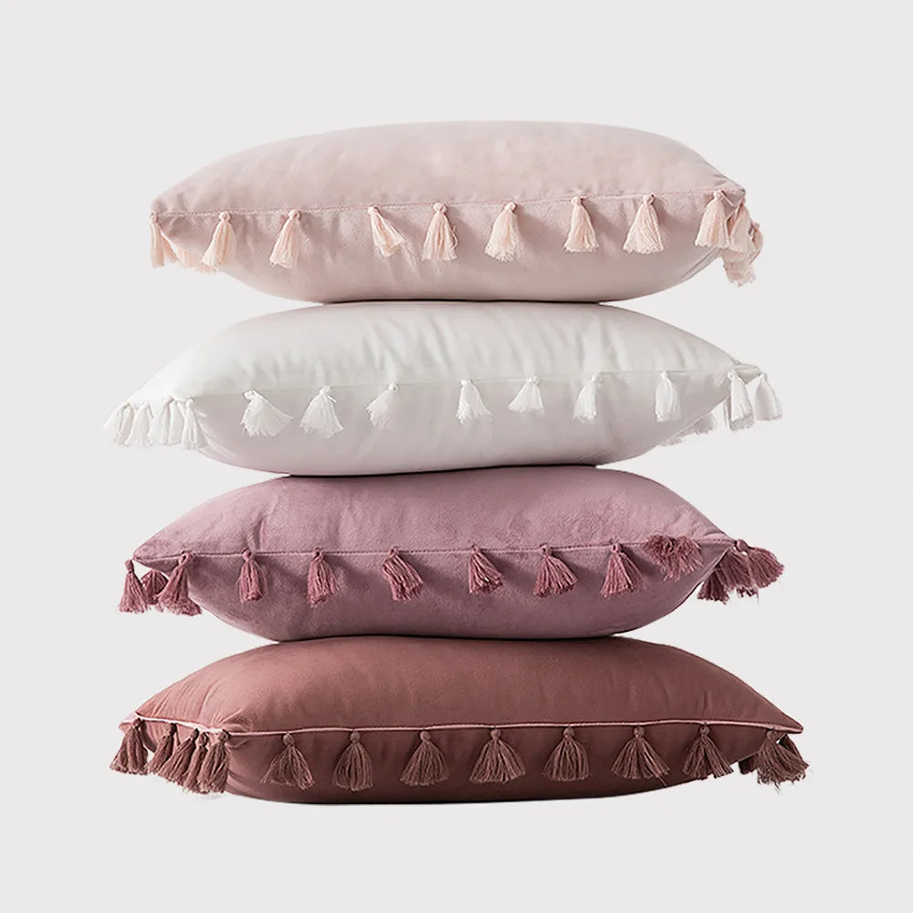 Modern Luxury Custom Made Solid Velvet Tassel Back Cushion Covers Bed Pillows 200TC Polyester Filled Folded Design Embroidery