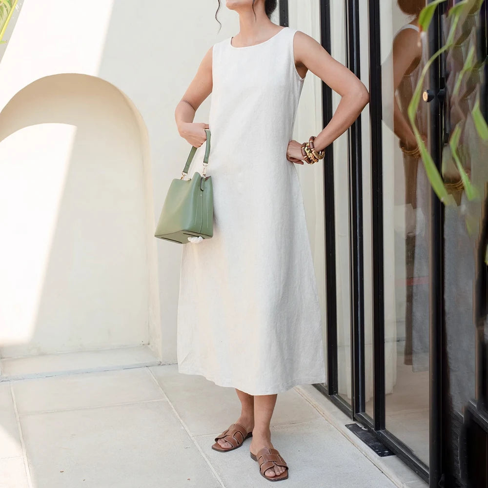 Women's Custom Linen Maxi Dress Low MOQ Elegant Lady Style Eco-friendly Natural Fabric with Logo on Back Casual Long Plus Size