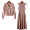 One Size Autumn and Winter Long-sleeved Sweater Dress Two-piece Wool Skirt Loose Knitted Women's Cardigan (top + Dress)