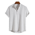 RNSHANGER Men Summer Shirt Casual Stripe Stand Collar Breathable Men Shirt Loose Buttons Short Sleeves Beach Shirt for Men