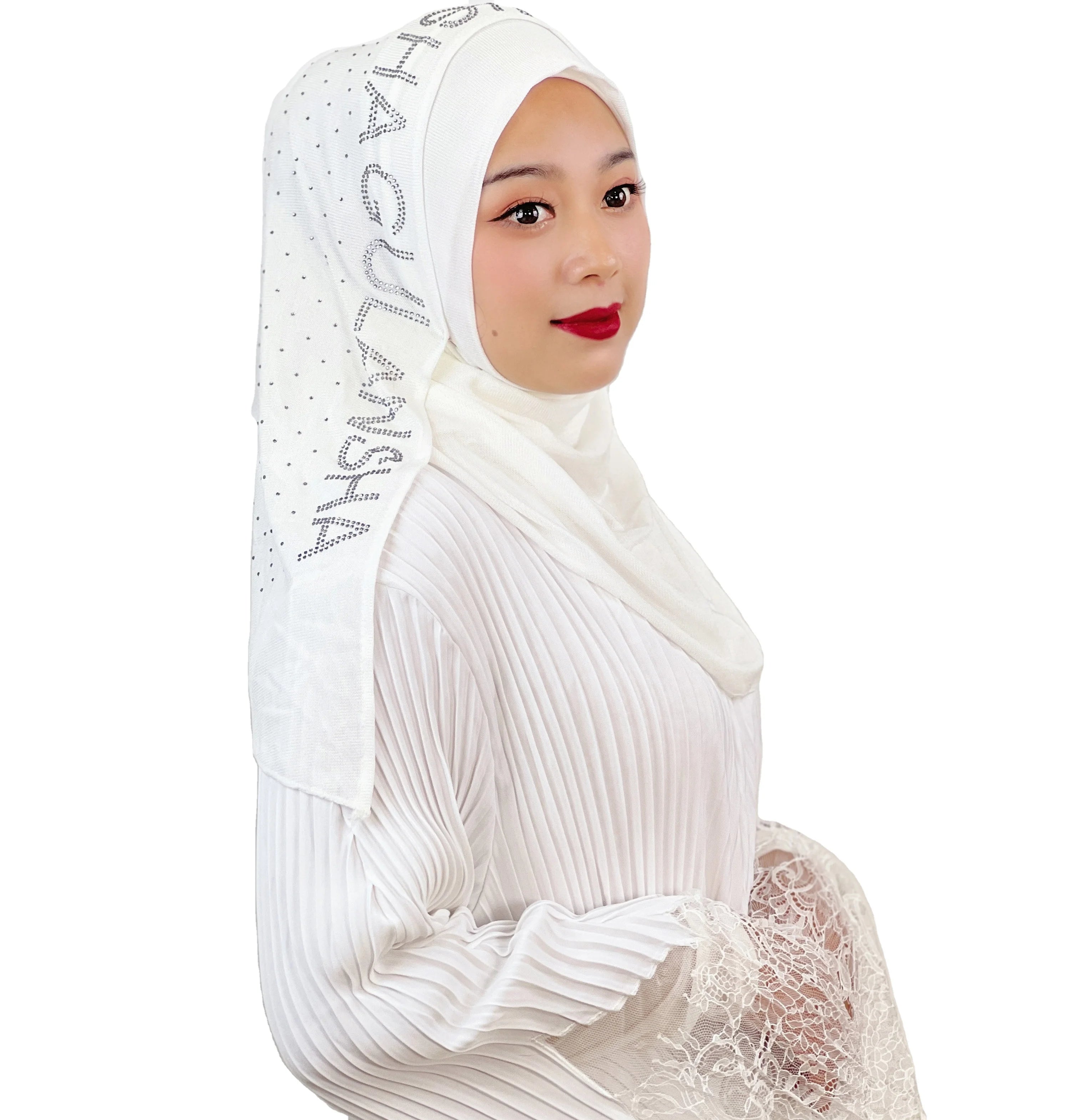 Fashion Solid Color Hijab Muslim Women Headscarves Letters Hot Drilled Hood Style Islamic Women Accessories Hijabs