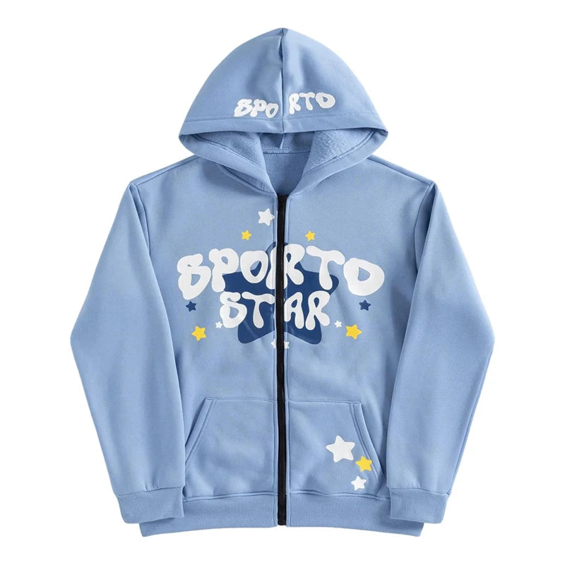 High Quality Men's Casual Zip Fleece Hooded Sweatshirt Stylish Character Pattern Print Pocket Pullover Sport Jacket Embroidered