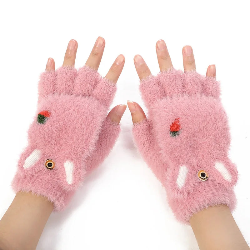 MIO Lovely Soft Fluffy Gloves Women Winter Thick Warm Elastic Cuff Gloves Flip Cartoon Cat Claw Pattern Plush Fingerless Gloves