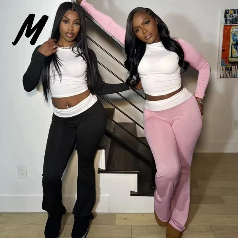 Women Y2K Skinny Contrast Raglan Long Sleeves T Shirt Top and Flared Pants Women Set Pink Black Two Piece Set With Headband