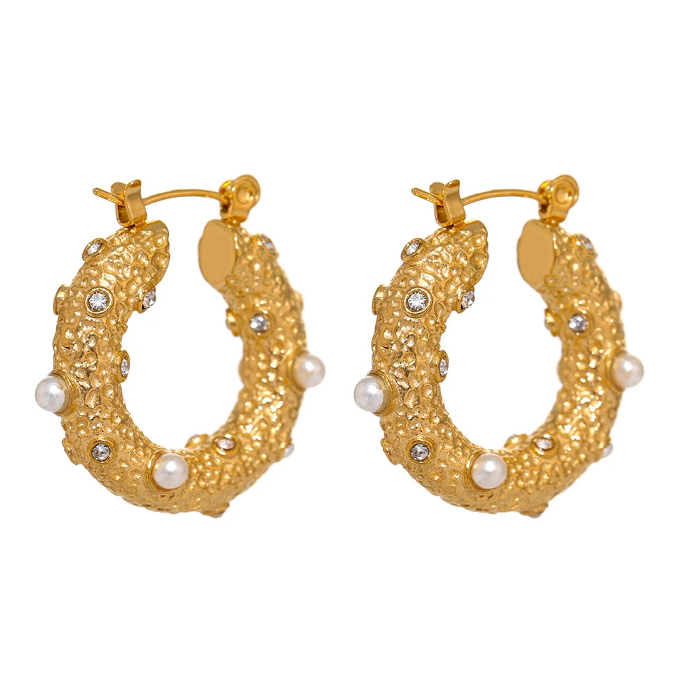 JINYOU  547 Trendy Pearl Zircon Huggie Earrings New Stainless Steel Jewelry Golden Round Hoop Earrings