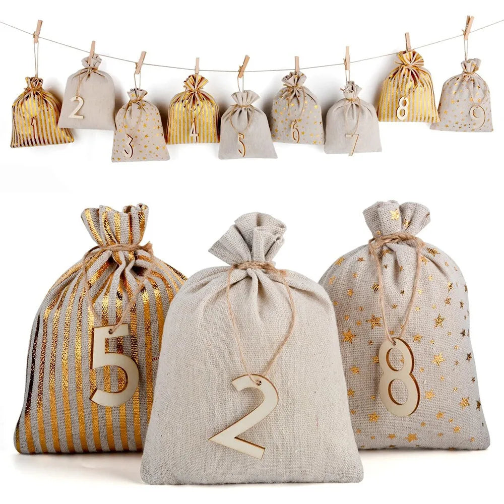 Drawstring Christmas Countdown Calendar Set W/ Advent Clips & Rope - DIY Decor Gift Pouch for Kids Easy Hang