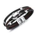 Premium Quality Adjustable Jewelry Custom Logo Stainless Steel Clasp Black Genuine Leather Men Bracelet Handmade Wristband