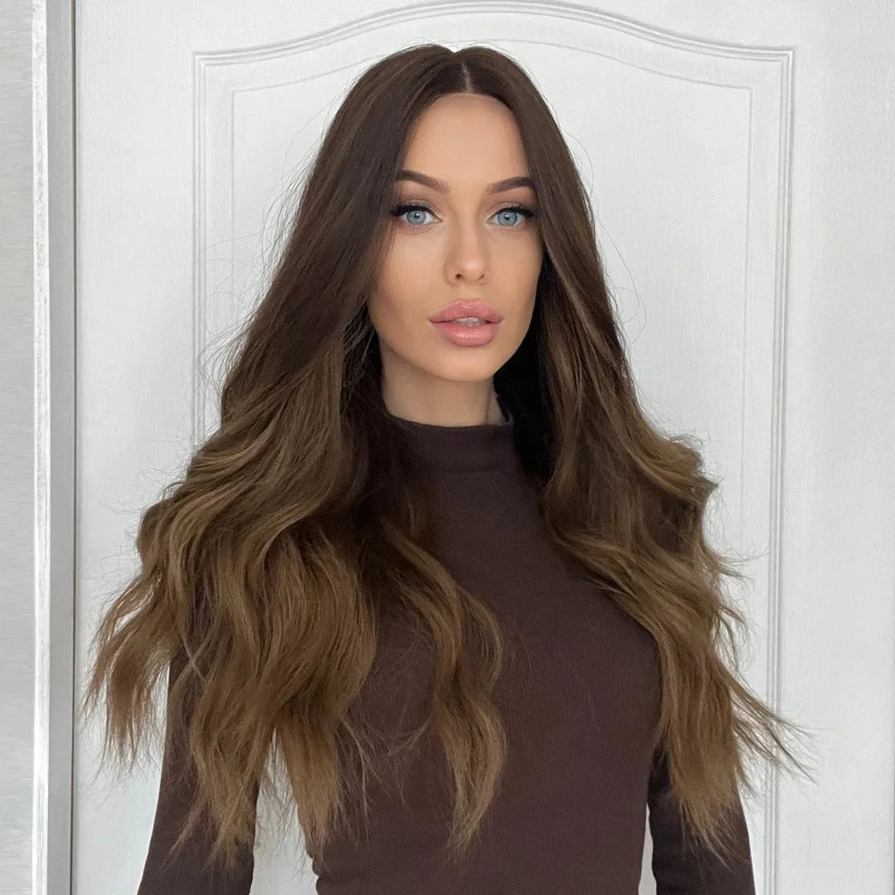 Fiber Dark Hair Root Brown Layered T-Shaped Front Lace Long Wig Super Curly Lace Wig Soft and Durable Real Photos