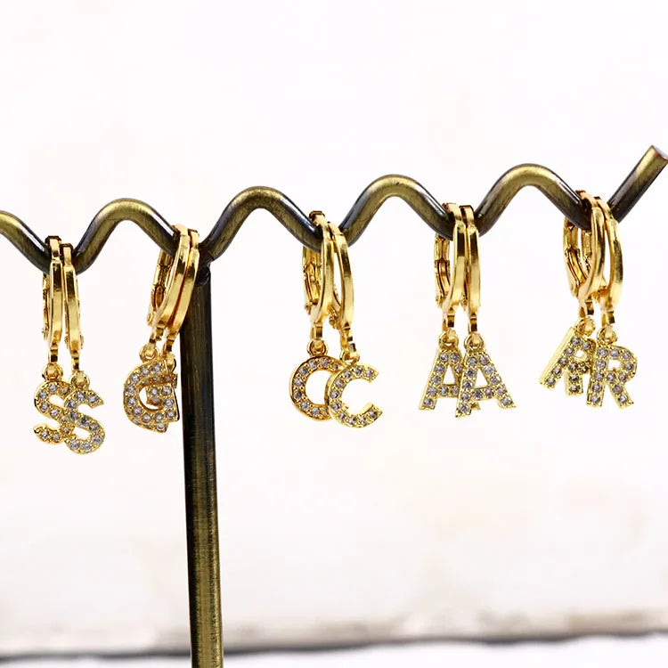 EC1619 Minimalist Mini Gold Plated Cubic Zirconia CZ Micro Pave Initial Letter Huggie Earring Diamond Letter Alphabet Huggies