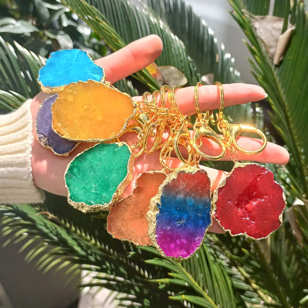Natural Crystal Keyring Rainbow Chakra Drusy Raw Stone Irregular Big Agate Slice Key Chain for Key Handbag Decoration