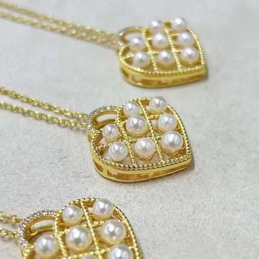 Zhuji Pearl's Universal Box Chain Necklace Love Full Bead with Natural Bread Shaped Round Pearl Pendant