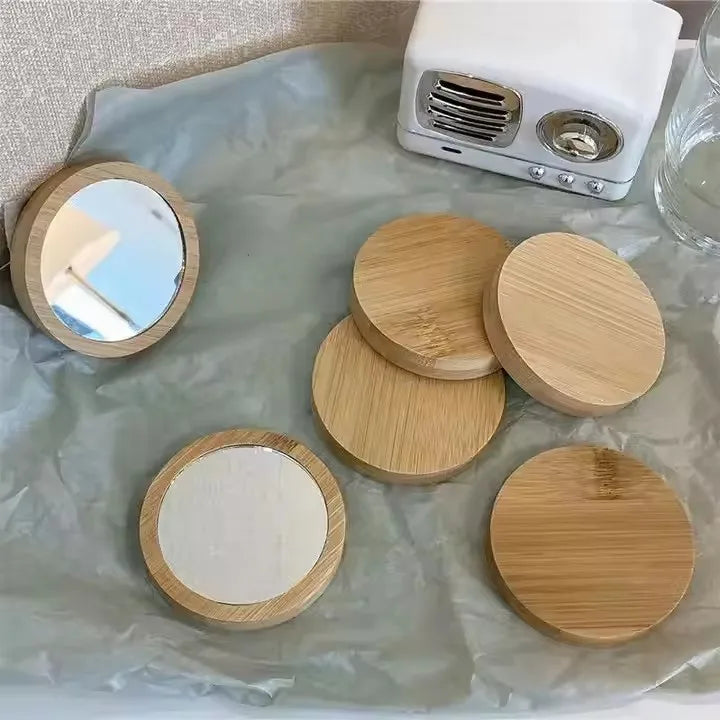 Eco-Friendly Custom Logo Bamboo Makeup & Tools Girls Gift Round Wooden Compact Mirror with Pocket Cosmetic Feature