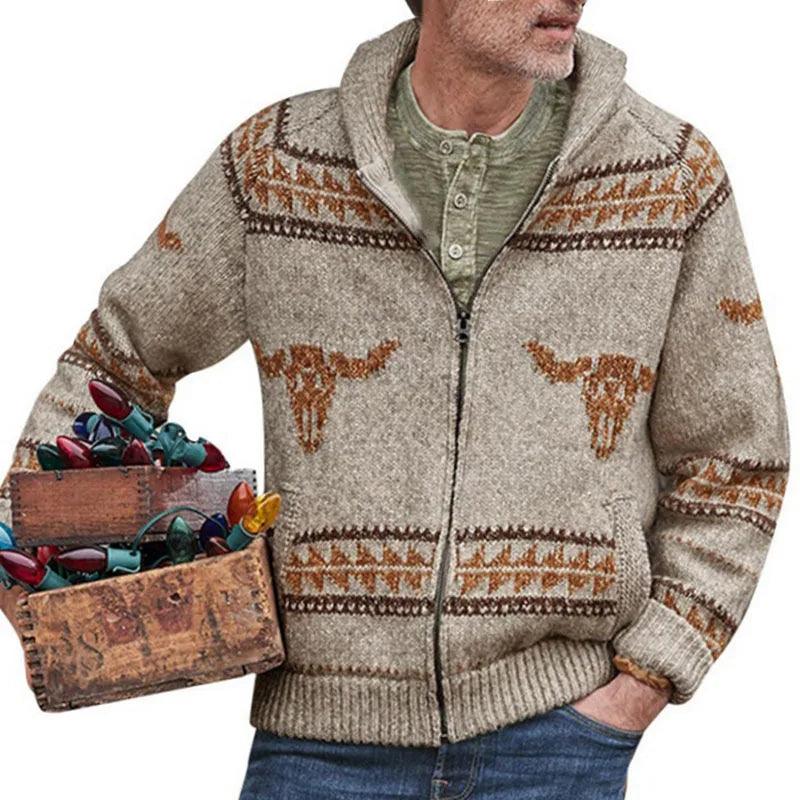 Western Style Sueter Manga Larga Hombre Cowboy Bull Jacquard Knitted Jumpers Sweaters Aztec Men Zip up Men's Sweater Cardigan
