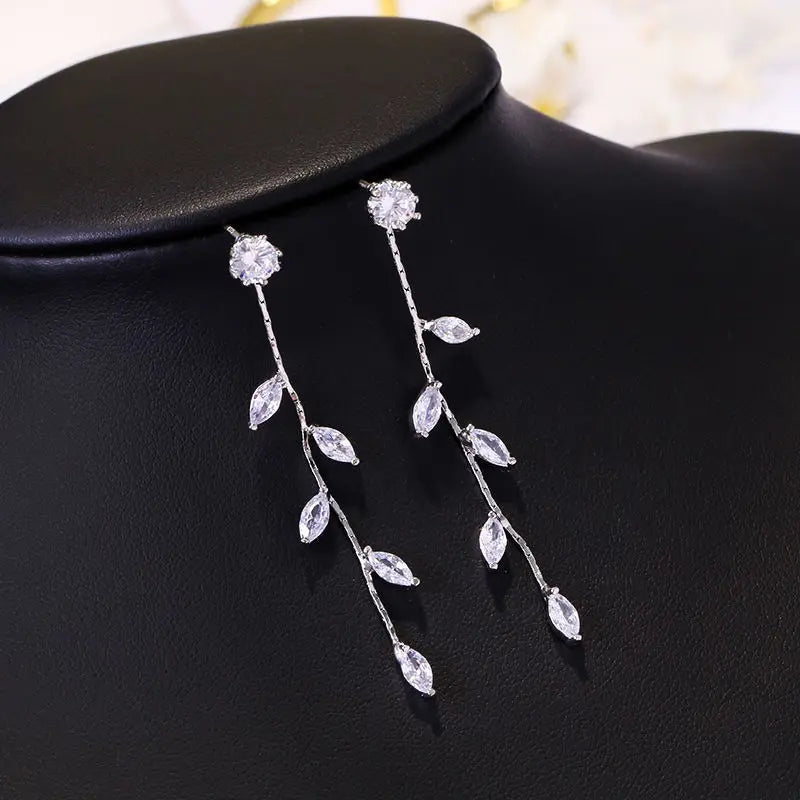 Pendientes Largos Iron Chain Long Copper Leaf Tassels Denim Silver Plated Earrings Long Tassel Tropical Leaf Zircon Earrings