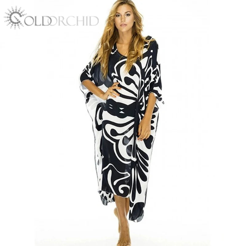 Hot Sale Print Women Swimdress Beach Cover Maxi Dress Comfortable Touch Customized Logo Breathable Eco-Friendly 100% Polyester