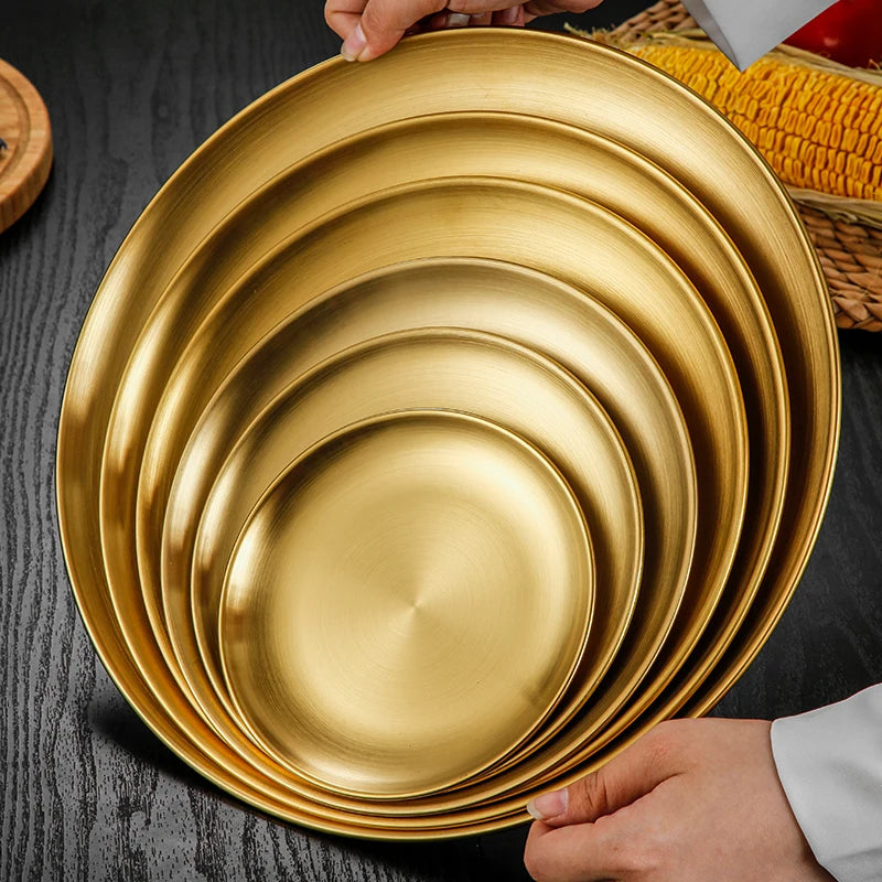 Restaurant Gold Serving Tray Round Dessert Stainless Steel Dinner Plates Cake Snack Dish Silver Storage Plate for Wedding Party