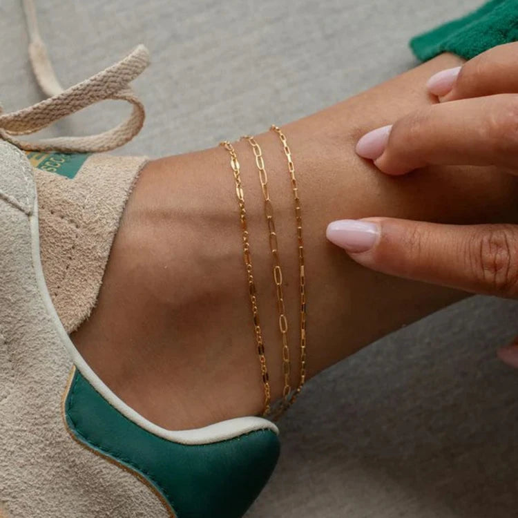 MC232 Wholesale 18K Gold Plated Stainless Steel Anklet Chain Paper Clip Chain Three Layers for Women Fashion Jewelry Anklets