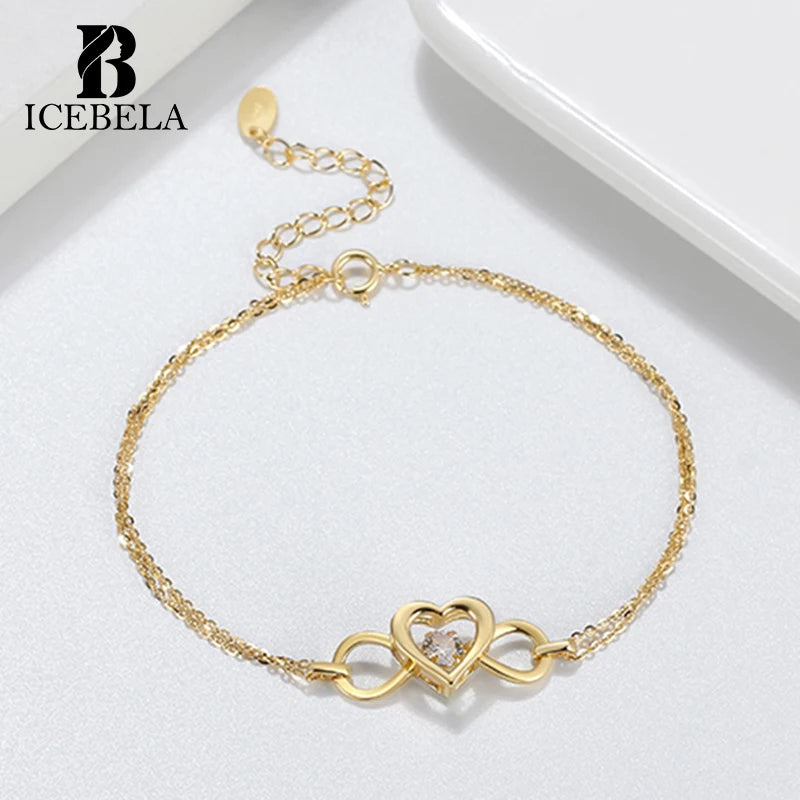ICEBELA 18K Gold Plated 925 Sterling Silver Brazalete Pulsera Cubic Zircon CZ Diamond Heart Bracelet for Women Gift