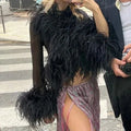 Night Dress Mesh 10ply Ostrich Feather Shirt Outer Jacket Tops